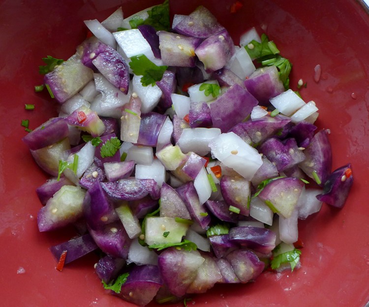 bowl of salsa from tomatillos in the home garden